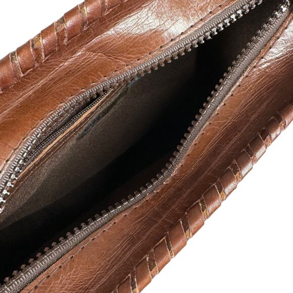 Vintage Brown Leather Shoulder Bag Woven Strap Floral Scarf Boho Classic Casual - Picture 9 of 10